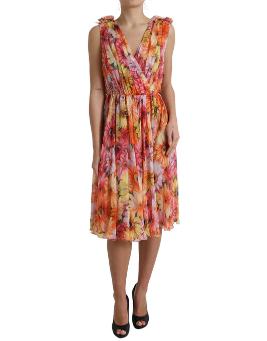 Dolce &amp; Gabbana Multicolor Sunflower Print Silk Midi Dress