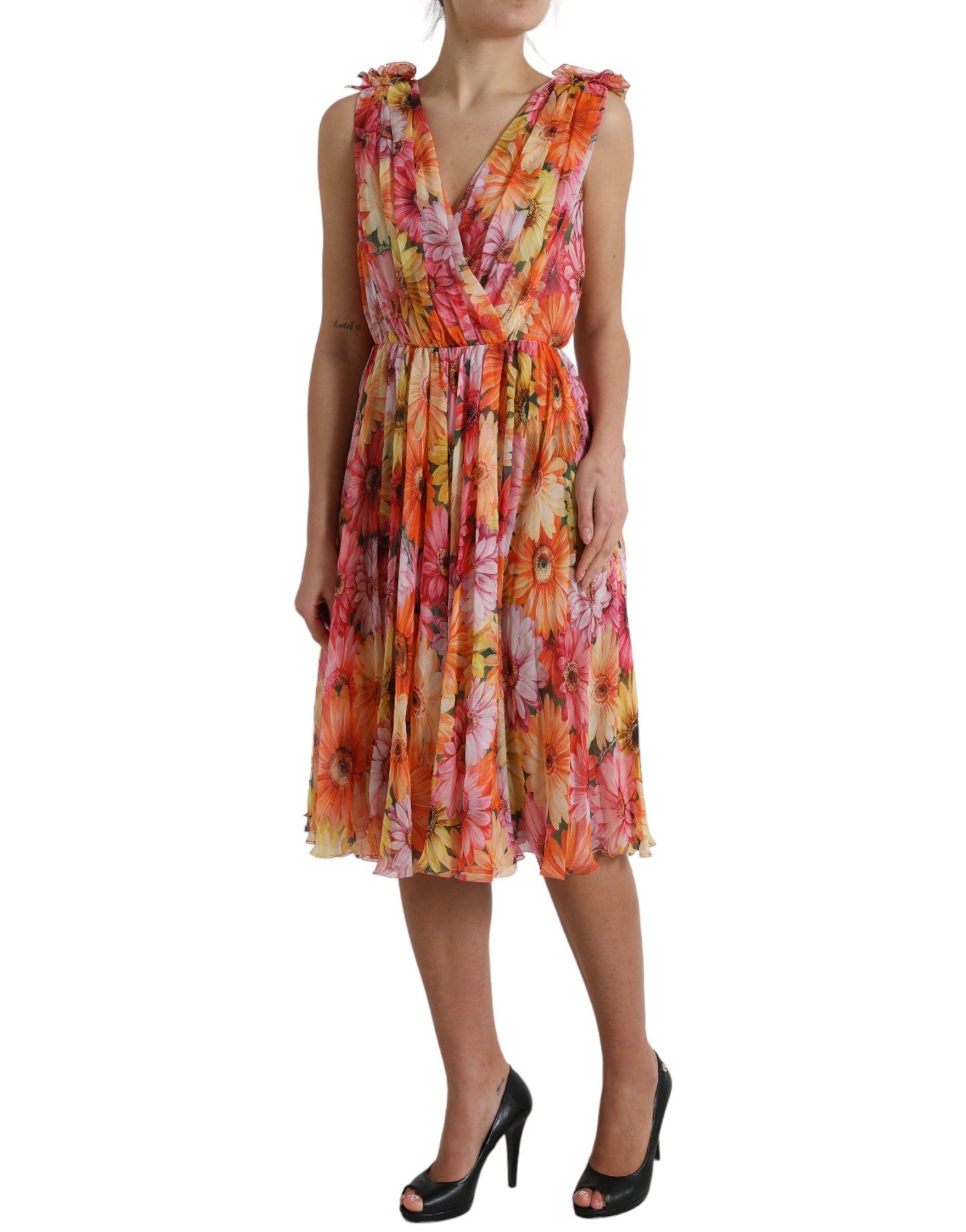 Dolce &amp; Gabbana Multicolor Sunflower Print Silk Midi Dress