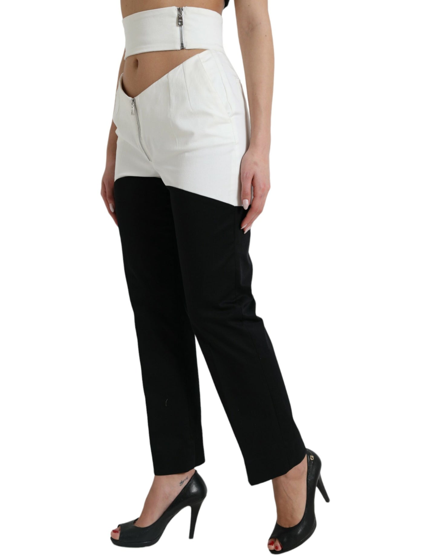 Dolce &amp; Gabbana Black White Cotton Cut Out Waist Tapered Pants