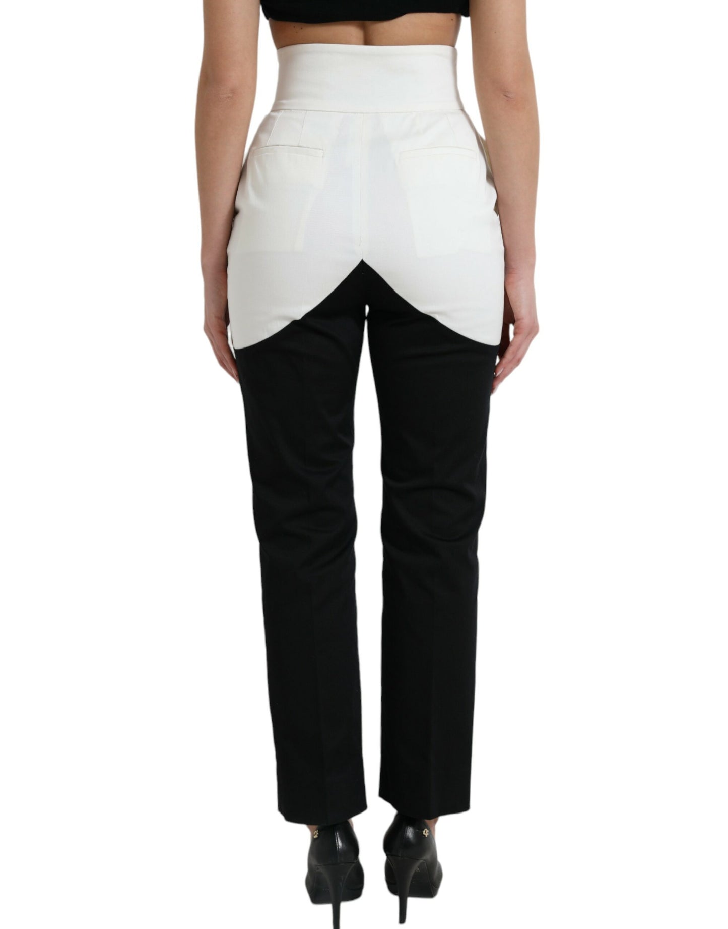 Dolce &amp; Gabbana Black White Cotton Cut Out Waist Tapered Pants