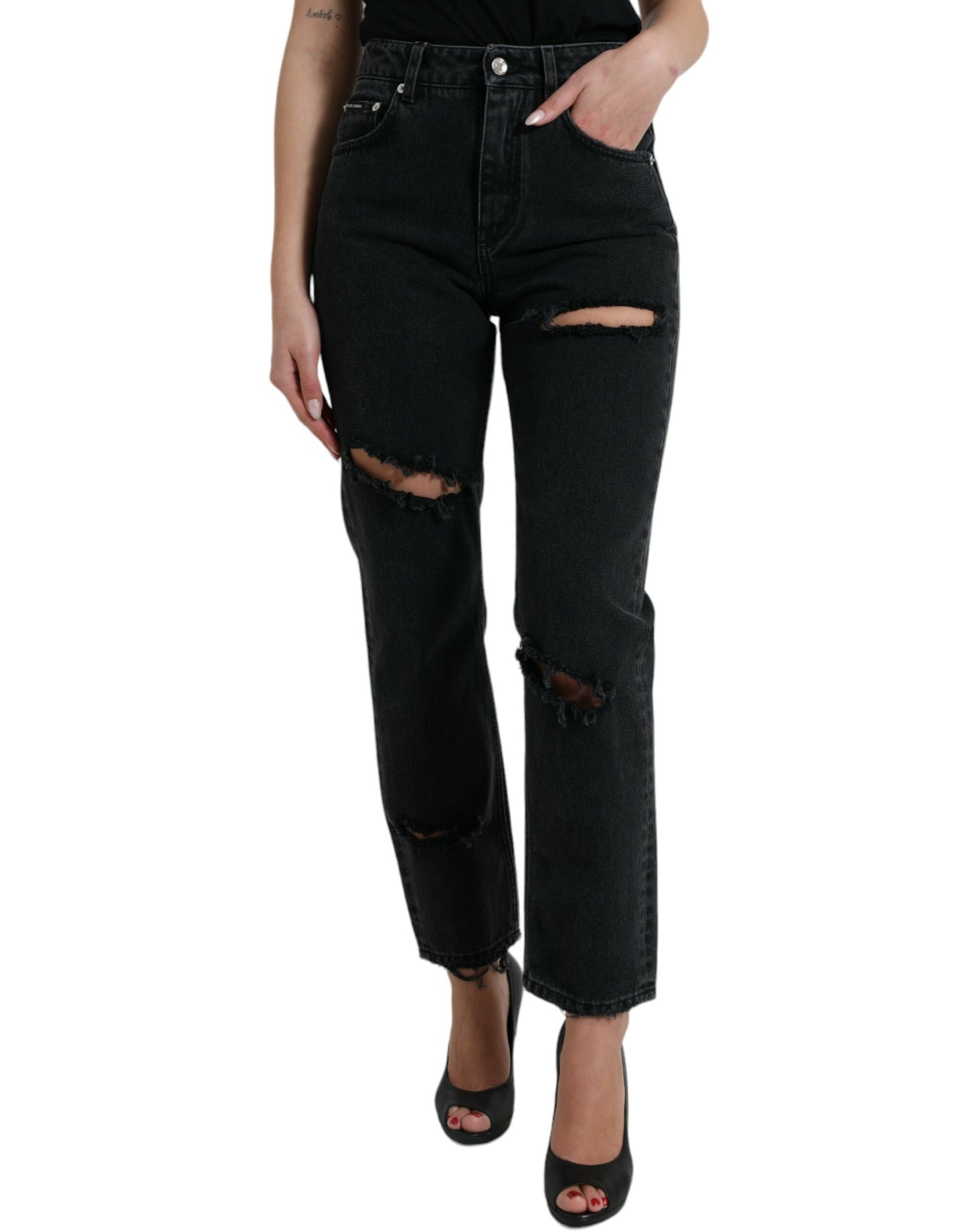 Dolce &amp; Gabbana Black Cotton High Waist Tattered Denim Jeans