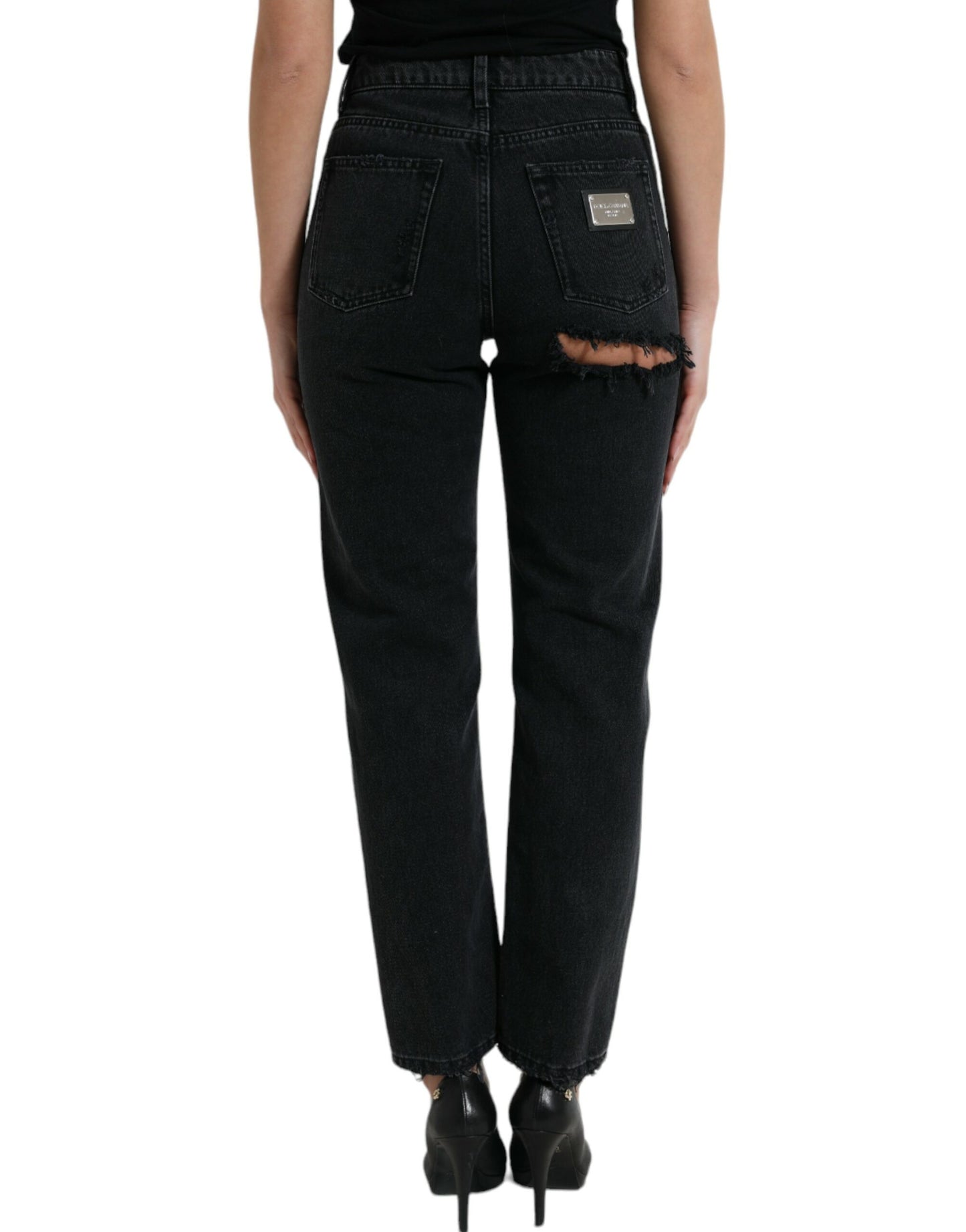 Dolce &amp; Gabbana Black Cotton High Waist Tattered Denim Jeans