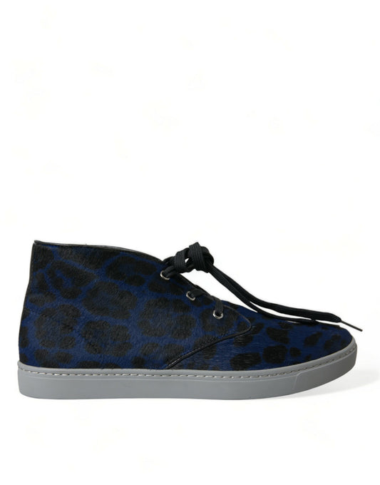 Dolce &amp; Gabbana Mid-Top-Sneakers aus blauem Kalbsleder mit Leopardenmuster