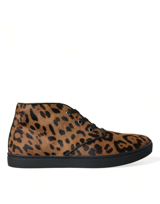 Dolce &amp; Gabbana braune Leder-Sneakers mit Leopardenmuster und Ponyhaar