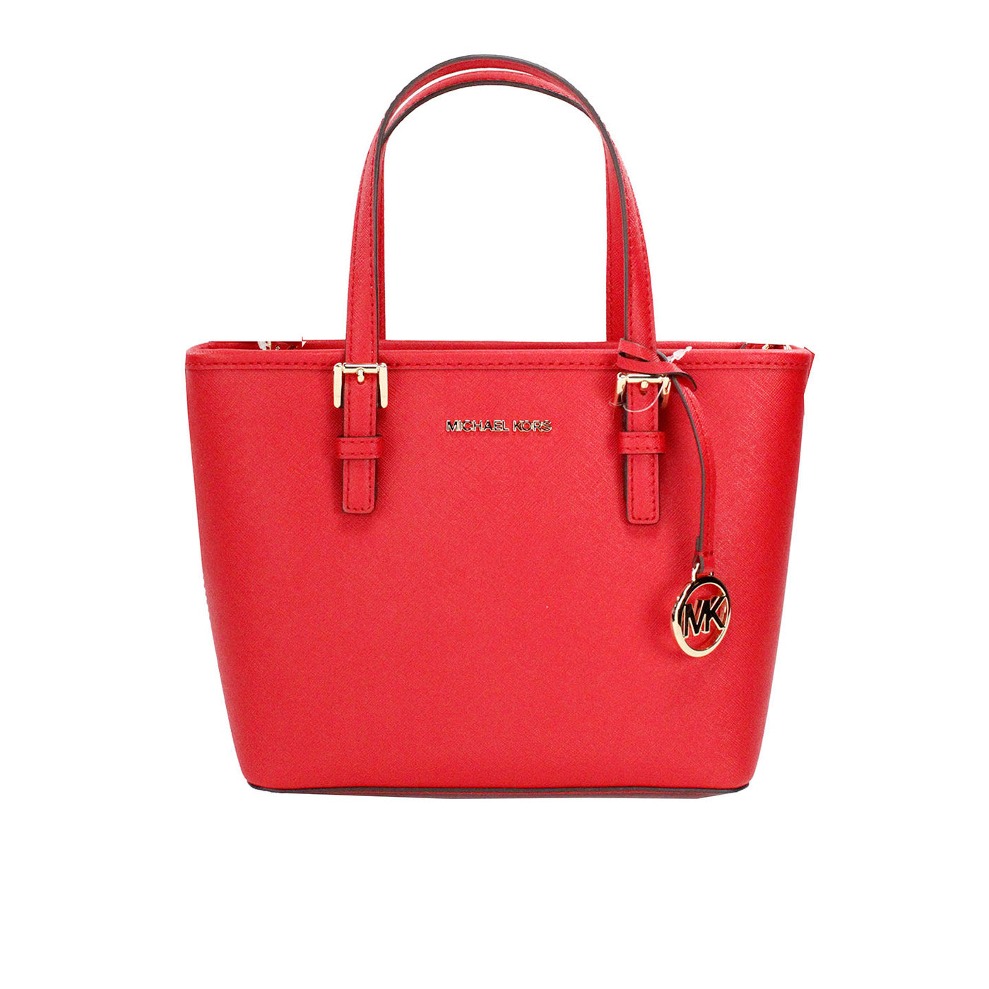 Michael Kors Jet Set Bright Red Leather XS Carryall Top Zip Tote Bag Purse