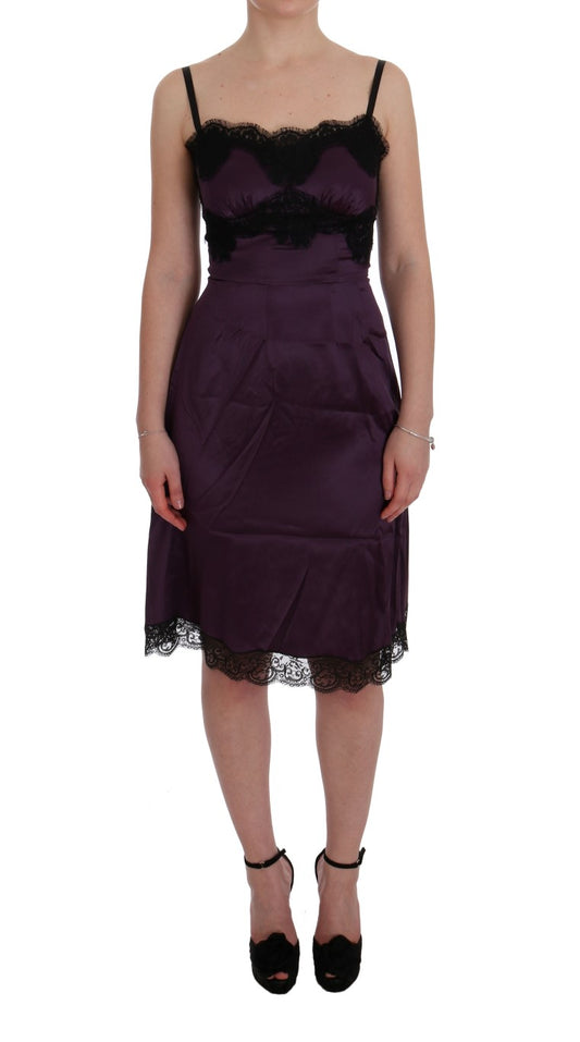 Dolce &amp; Gabbana Purple Silk Stretch Black Lace Dress