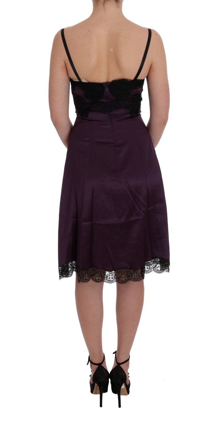 Dolce &amp; Gabbana Purple Silk Stretch Black Lace Dress