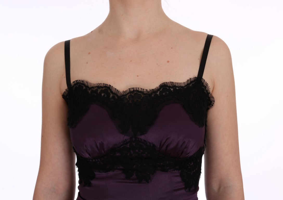 Dolce &amp; Gabbana Purple Silk Stretch Black Lace Dress