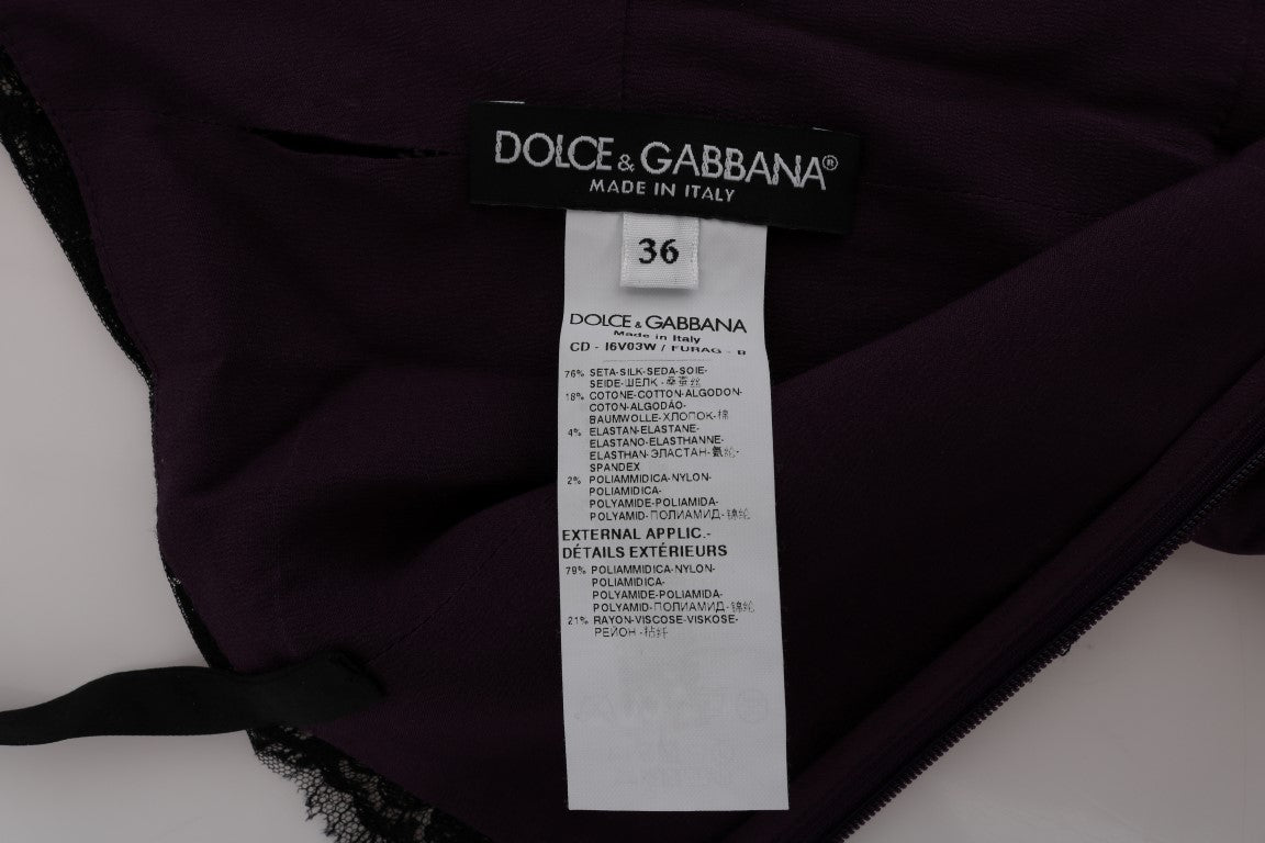 Dolce &amp; Gabbana Purple Silk Stretch Black Lace Dress