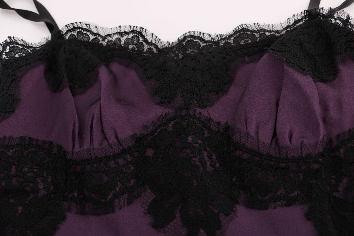 Dolce &amp; Gabbana Purple Silk Stretch Black Lace Dress