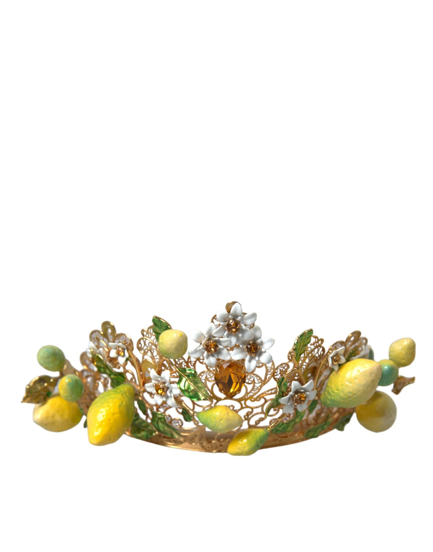 Dolce & Gabbana Gold Tone Brass Crystal Sicily Lemon Head Crown Tiara