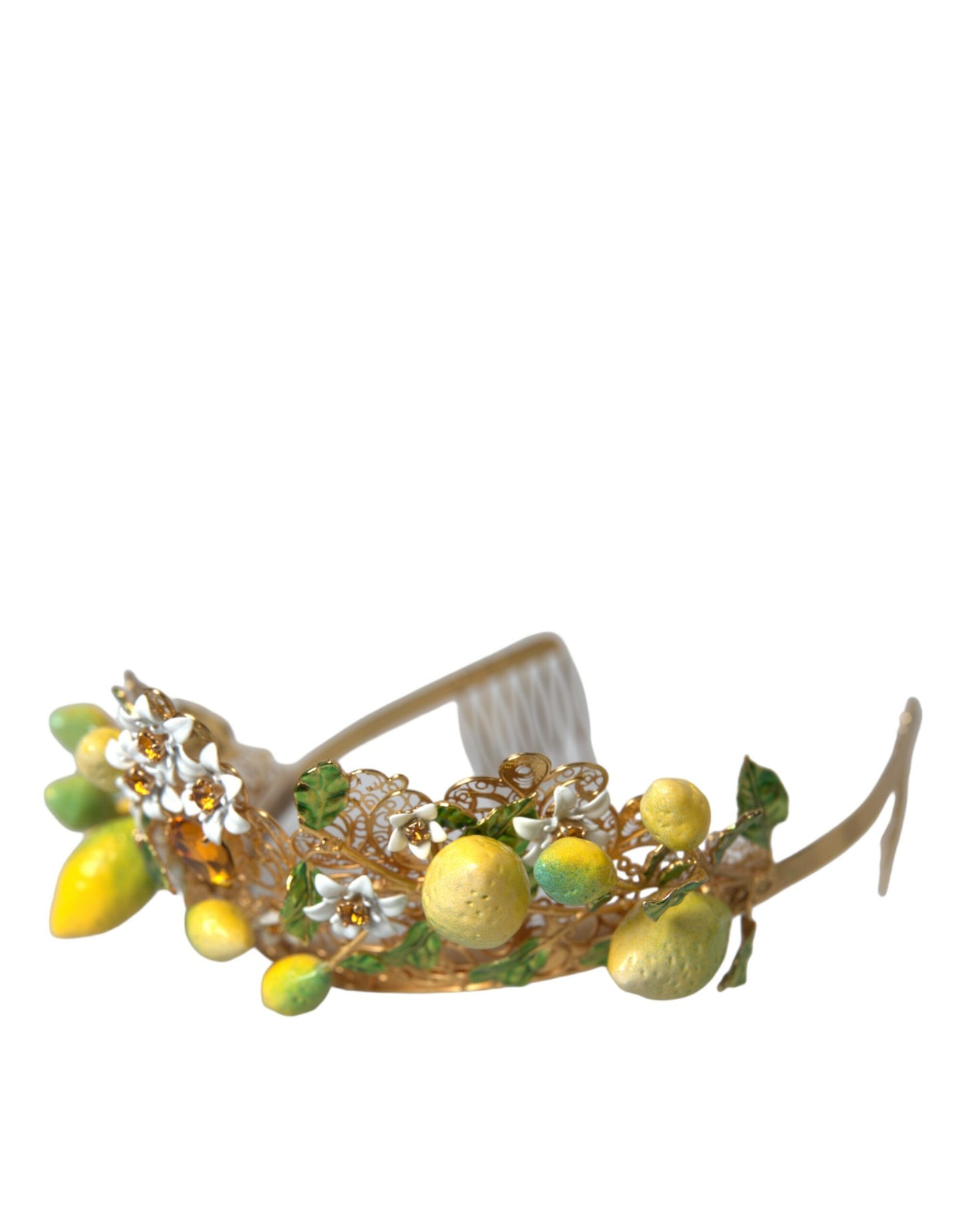 Dolce & Gabbana Gold Tone Brass Crystal Sicily Lemon Head Crown Tiara