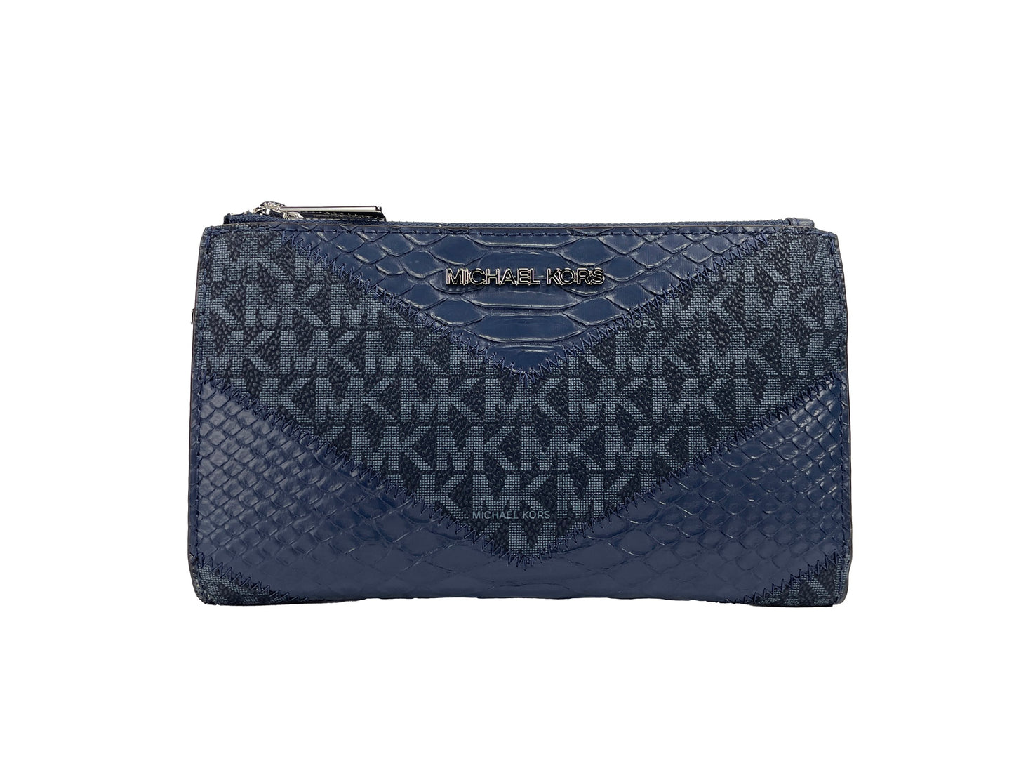 Michael Kors Jet Set Large Double Zip Python Navy Wristlet Wallet