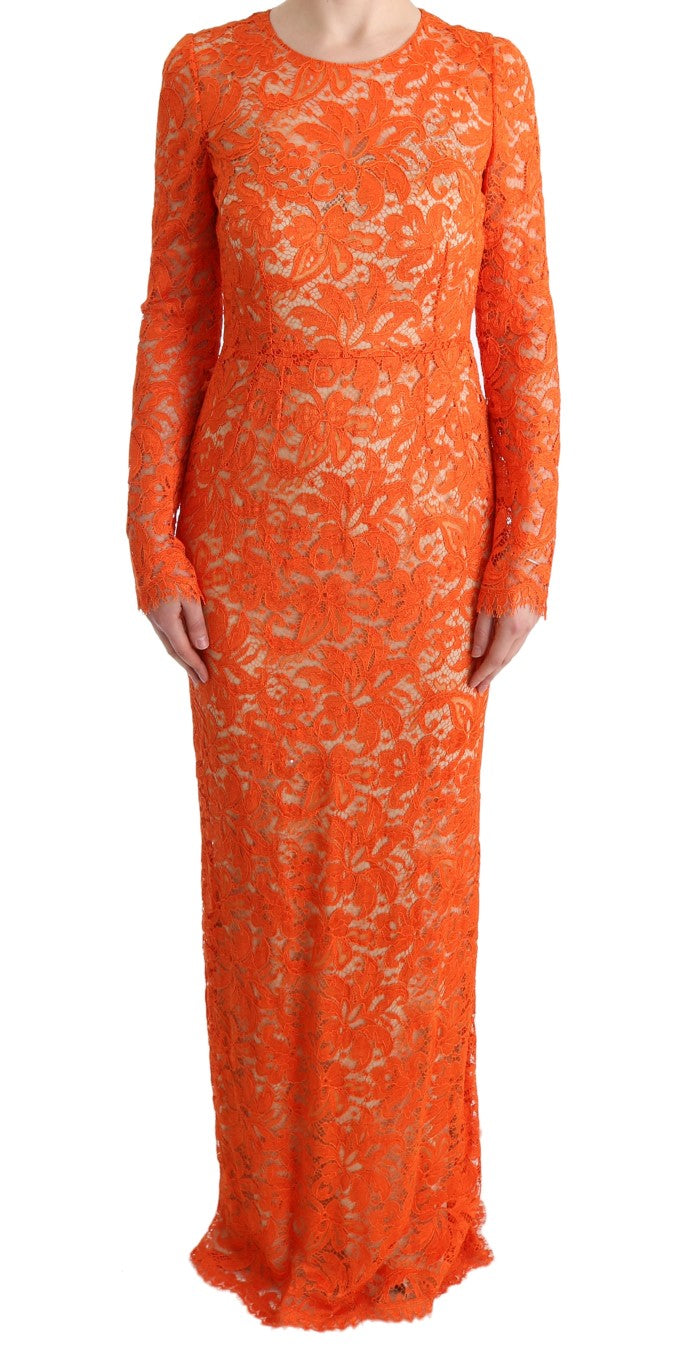 Dolce &amp; Gabbana Orange Floral Ricamo Sheath Long Dress