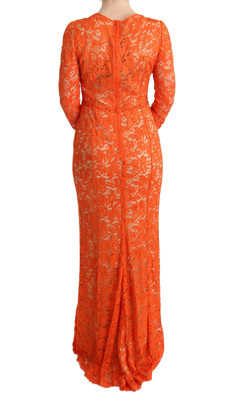 Dolce &amp; Gabbana Orange Floral Ricamo Sheath Long Dress