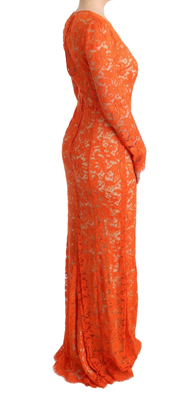 Dolce &amp; Gabbana Orange Floral Ricamo Sheath Long Dress