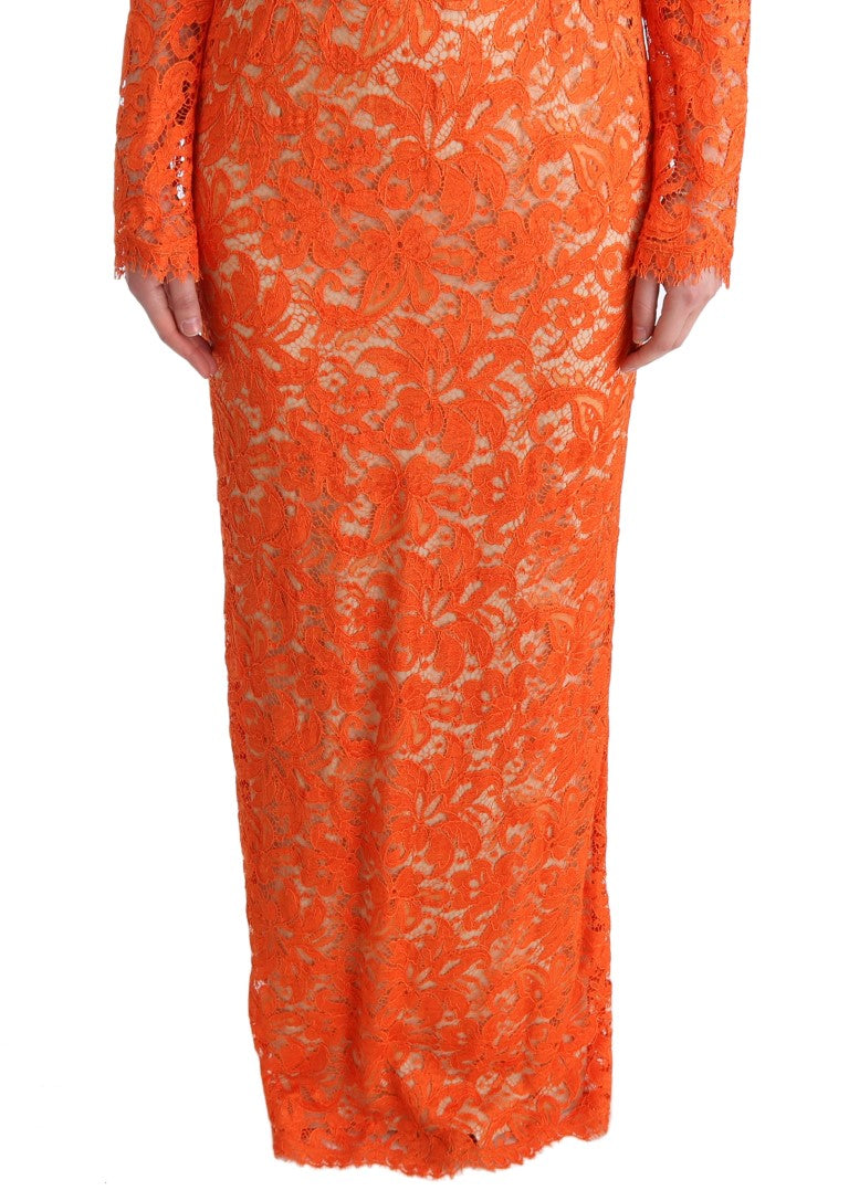 Dolce &amp; Gabbana Orange Floral Ricamo Sheath Long Dress