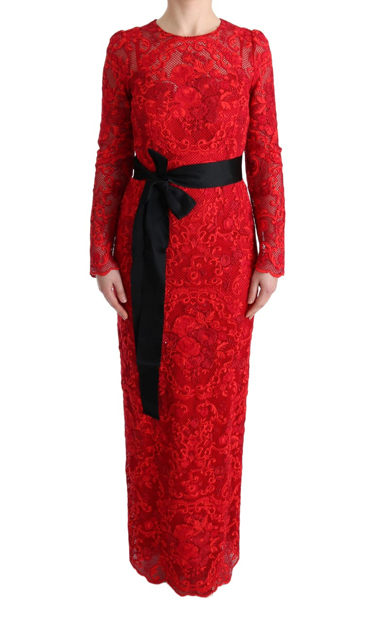 Dolce &amp; Gabbana Red Floral Ricamo Sheath Long Dress