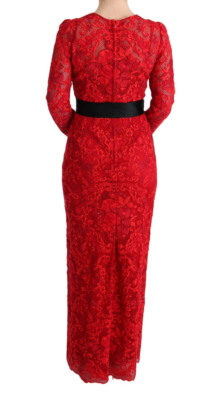 Dolce &amp; Gabbana Red Floral Ricamo Sheath Long Dress