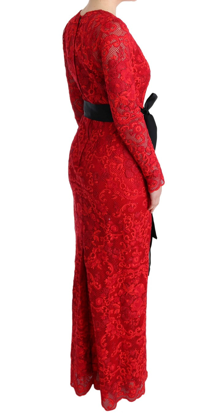 Dolce &amp; Gabbana Red Floral Ricamo Sheath Long Dress