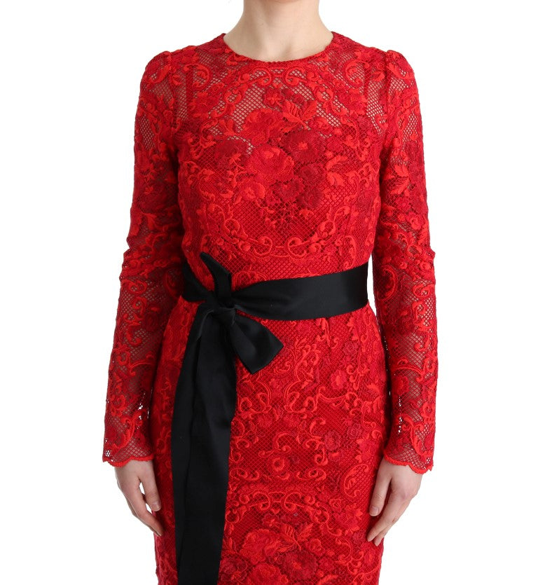 Dolce &amp; Gabbana Red Floral Ricamo Sheath Long Dress