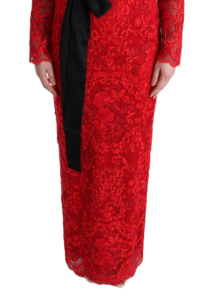 Dolce &amp; Gabbana Red Floral Ricamo Sheath Long Dress