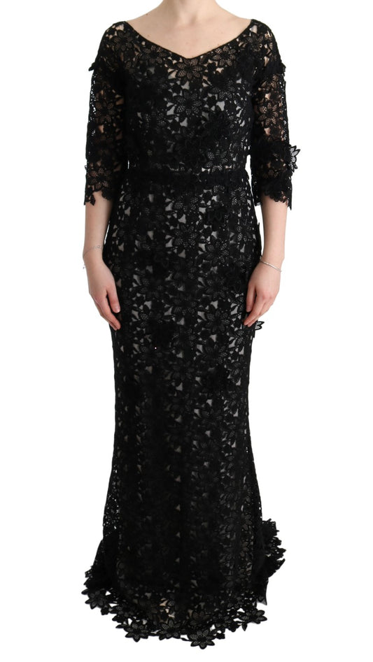 Dolce &amp; Gabbana Black Cotton Silk Floral Long Dress