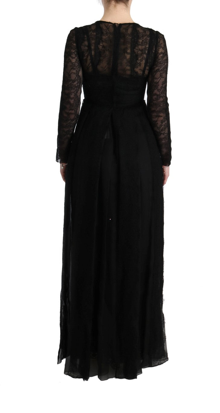 Dolce &amp; Gabbana Black Floral Lace Sheath Silk Dress