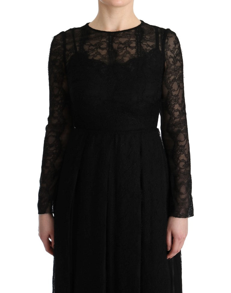 Dolce &amp; Gabbana Black Floral Lace Sheath Silk Dress