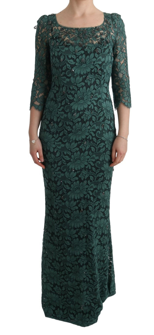 Dolce &amp; Gabbana Green Floral Crystal Ricamo Sheath Dress