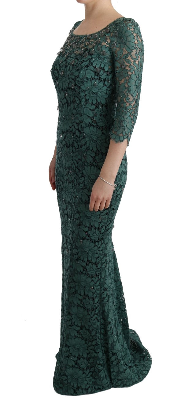 Dolce &amp; Gabbana Green Floral Crystal Ricamo Sheath Dress