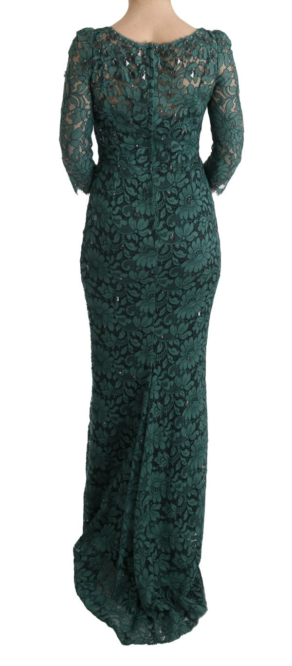 Dolce &amp; Gabbana Green Floral Crystal Ricamo Sheath Dress