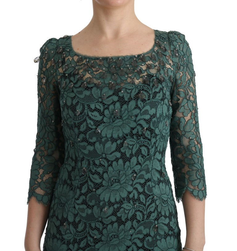 Dolce &amp; Gabbana Green Floral Crystal Ricamo Sheath Dress