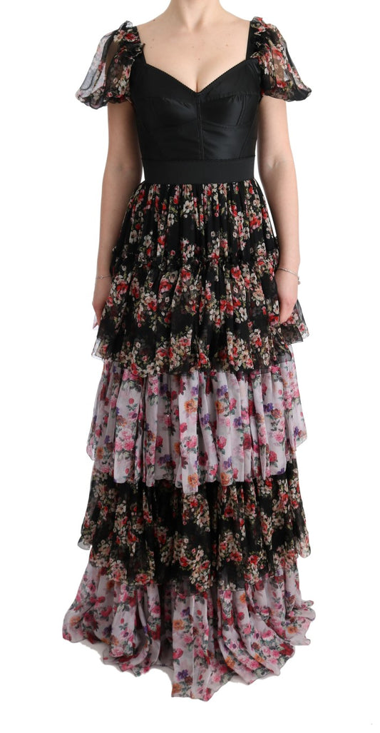 Dolce &amp; Gabbana Multicolor Silk Stretch Floral Shift Long Dress