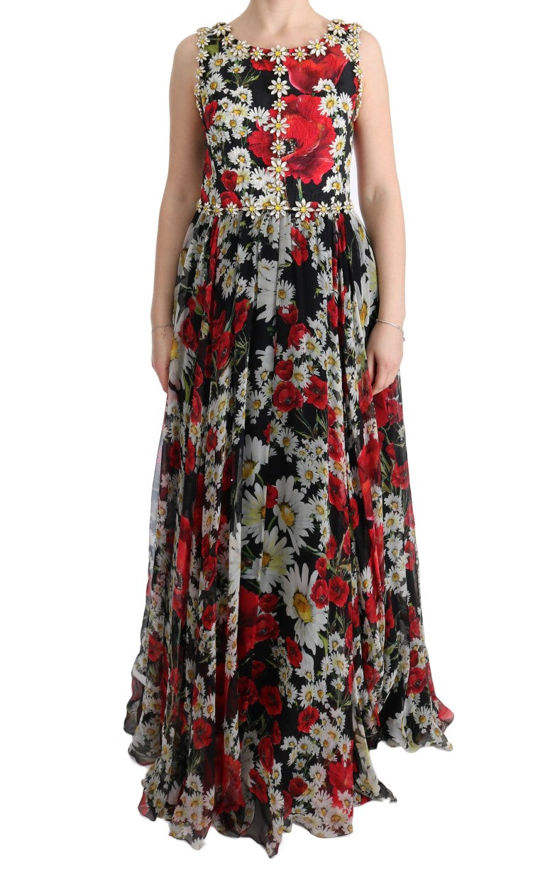 Dolce &amp; Gabbana Multicolor Silk Floral Crystal Long Maxi Dress