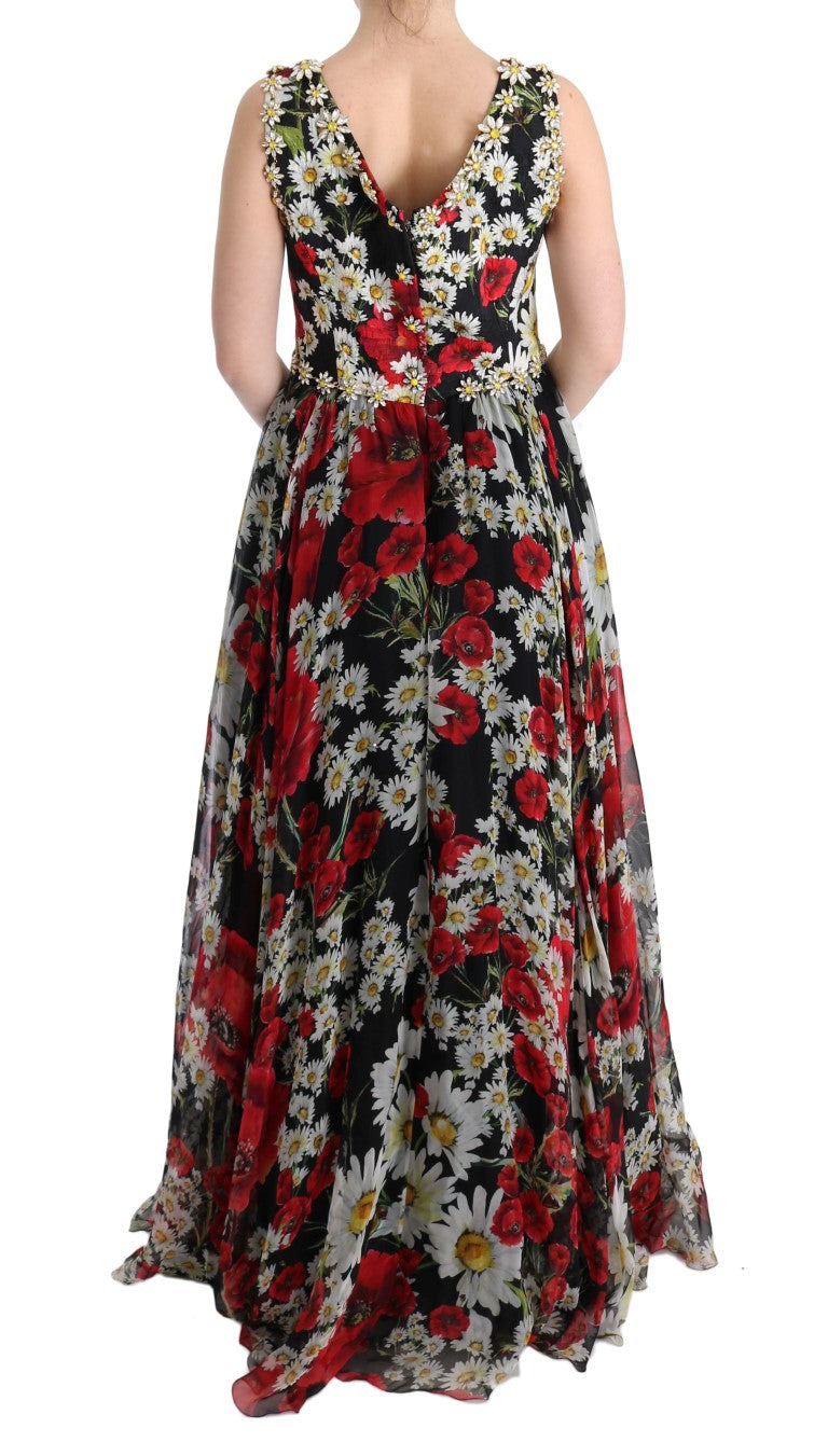 Dolce &amp; Gabbana Langes Maxikleid aus mehrfarbiger Seide mit Blumenmuster und Kristallen