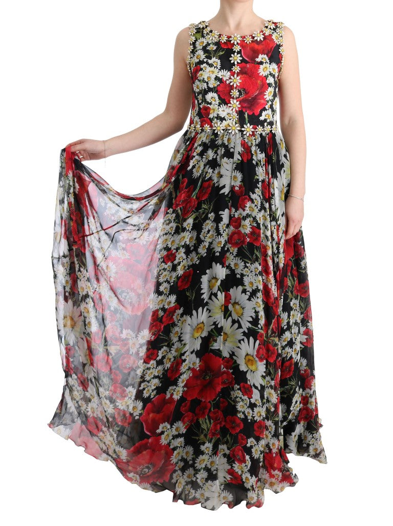 Dolce &amp; Gabbana Multicolor Silk Floral Crystal Long Maxi Dress