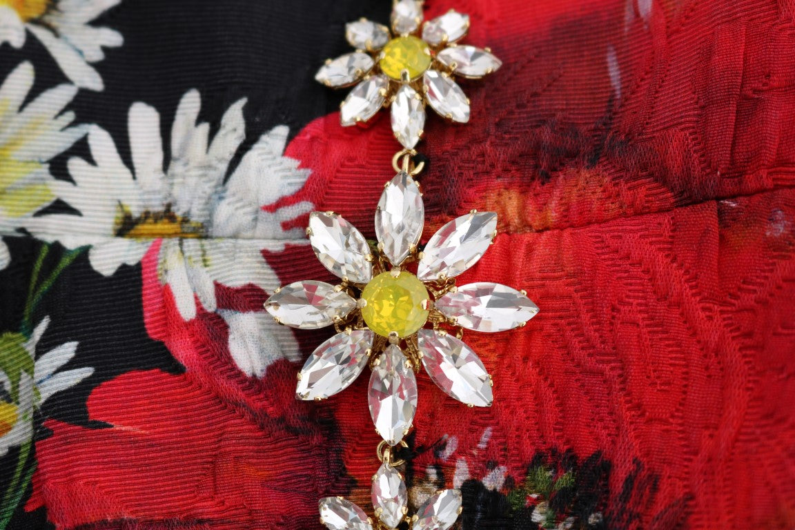 Dolce &amp; Gabbana Langes Maxikleid aus mehrfarbiger Seide mit Blumenmuster und Kristallen