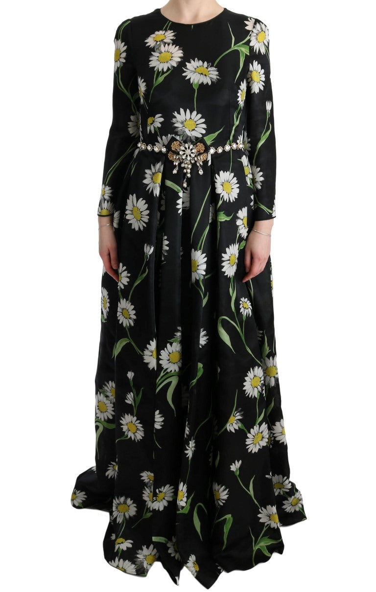 Dolce &amp; Gabbana Langes Maxikleid aus mehrfarbiger Seide mit Sonnenblumen-Print