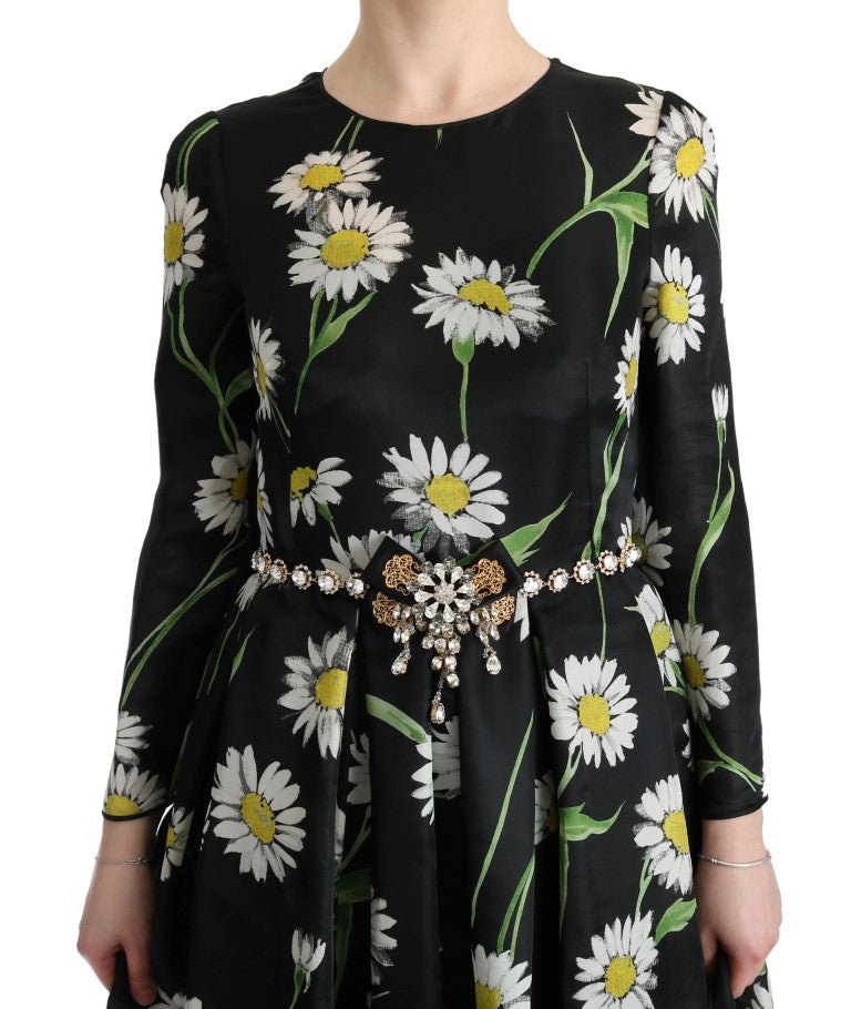 Dolce &amp; Gabbana Langes Maxikleid aus mehrfarbiger Seide mit Sonnenblumen-Print