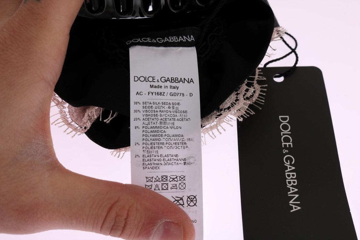 Dolce &amp; Gabbana Haarspange aus schwarzer Seide, rosa Blumenspitze