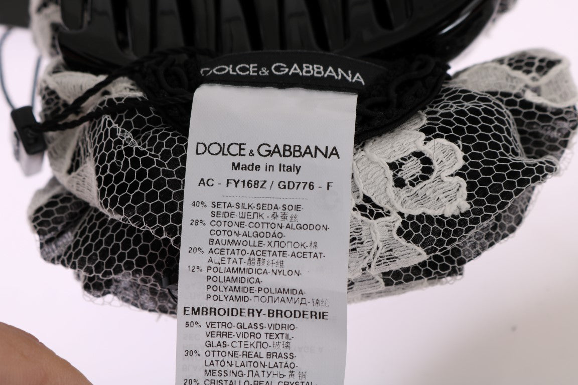 Dolce &amp; Gabbana Schwarz-weiße Blumenspitze-Kristall-Haarspange