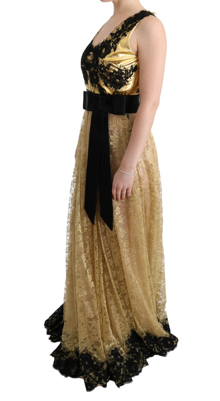 Dolce &amp; Gabbana Goldschwarzes Spitzenkleid mit Blumenmuster