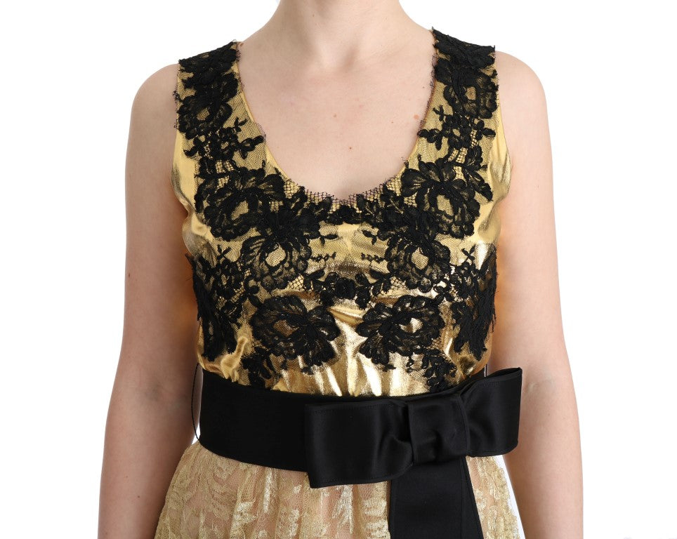 Dolce &amp; Gabbana Goldschwarzes Spitzenkleid mit Blumenmuster