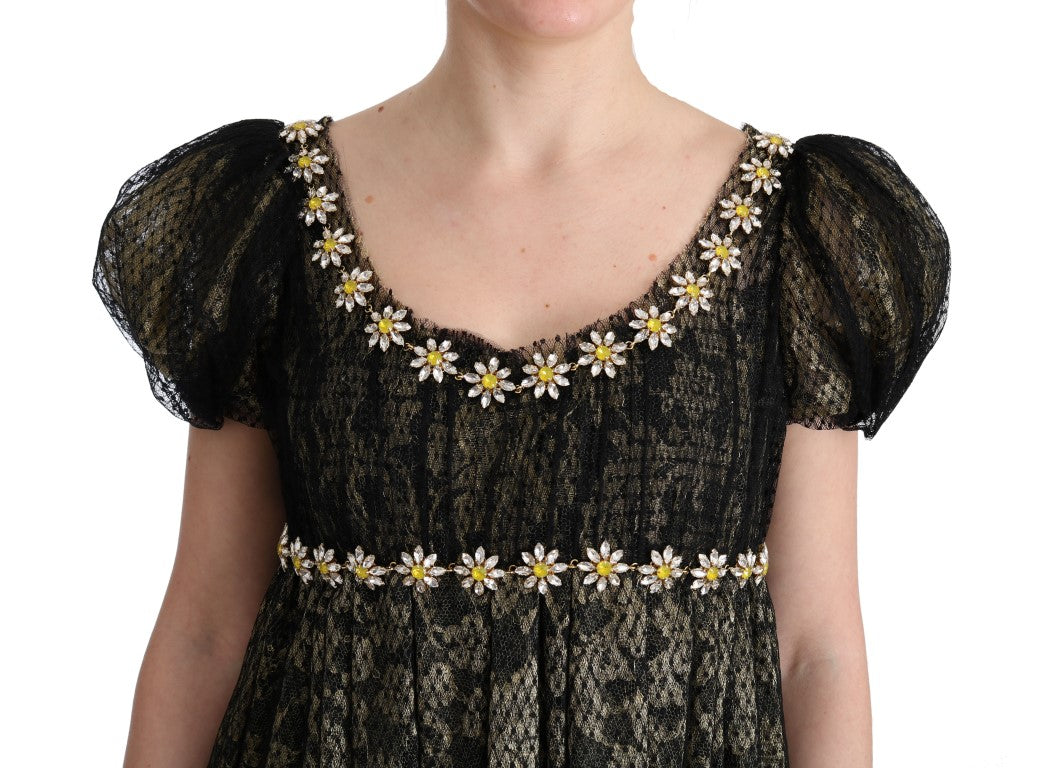 Dolce &amp; Gabbana Black Yellow Crystal Lace Shift Dress