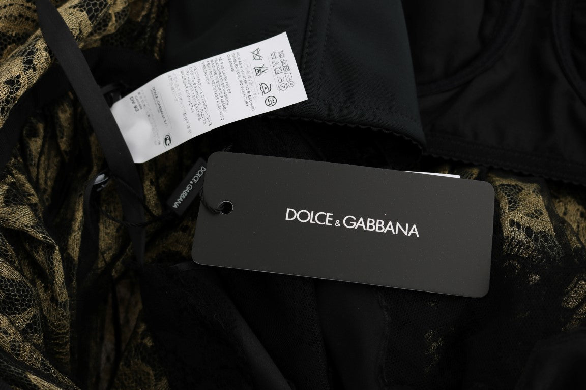 Dolce &amp; Gabbana Black Yellow Crystal Lace Shift Dress