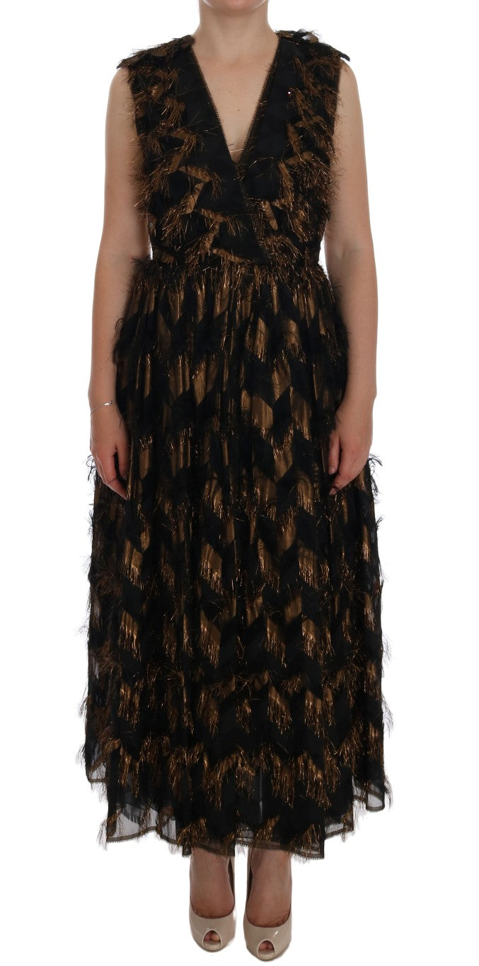 Dolce &amp; Gabbana Black Silk Brown Fringes A-Line Dress