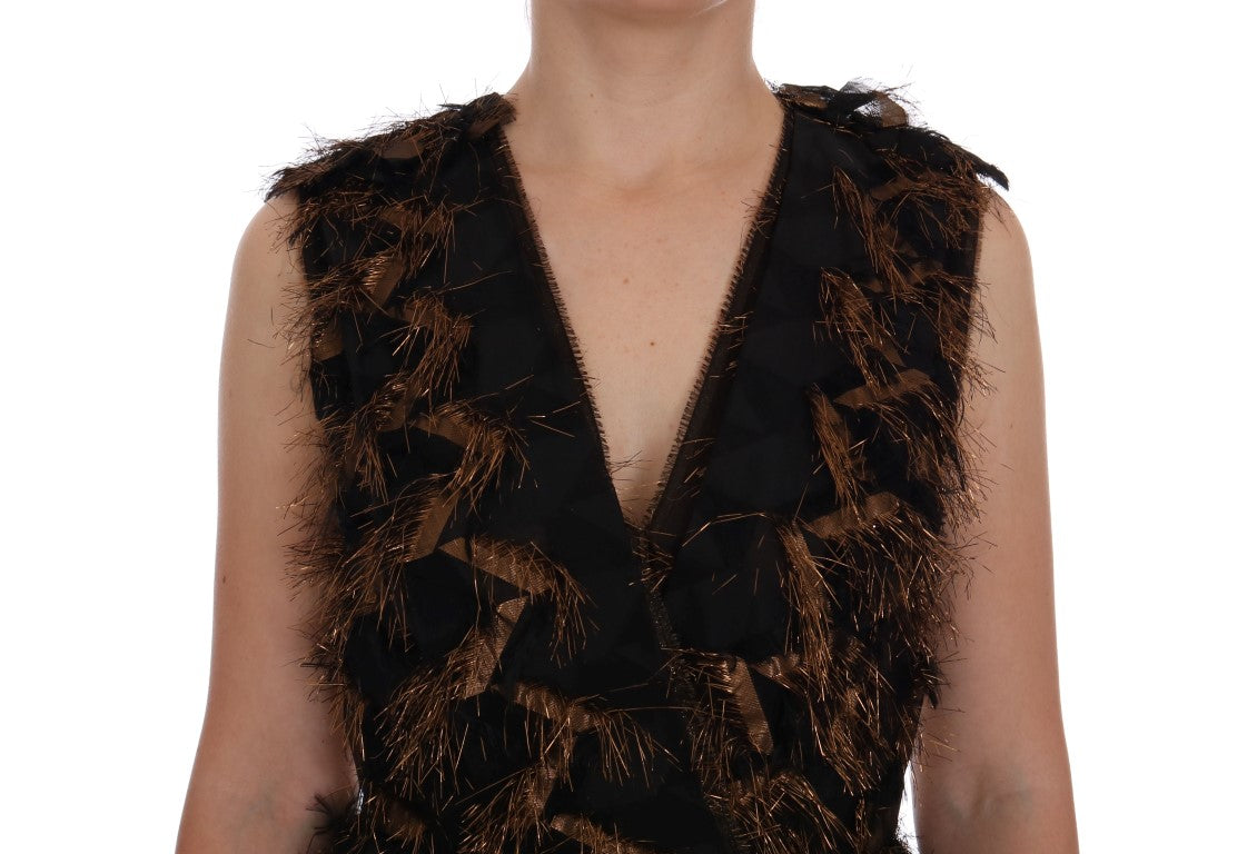 Dolce &amp; Gabbana Black Silk Brown Fringes A-Line Dress