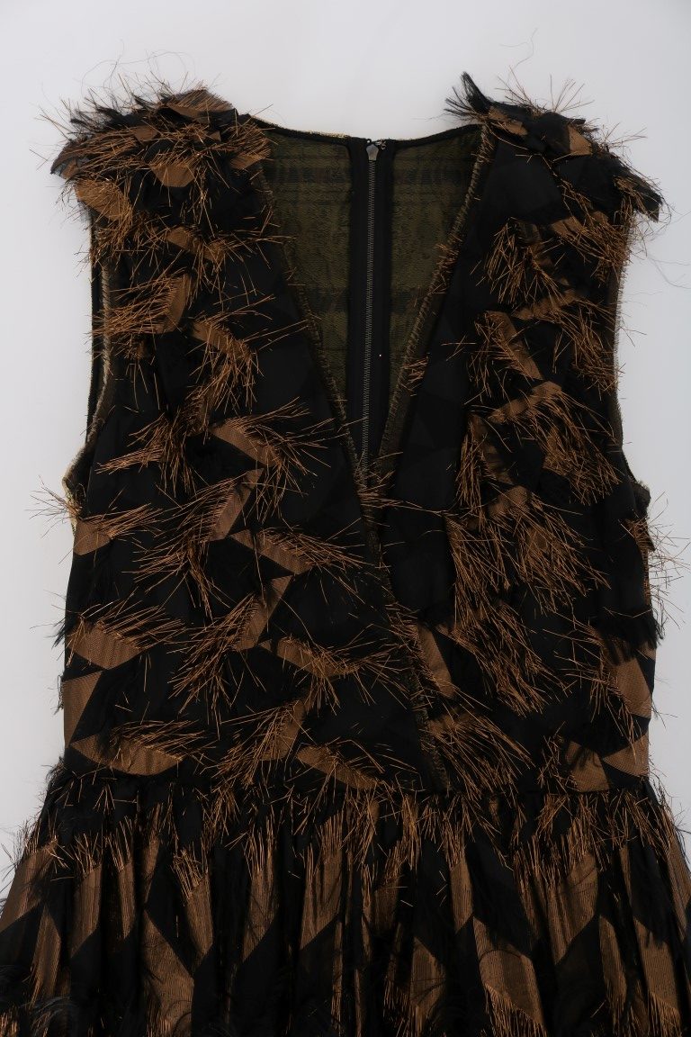 Dolce &amp; Gabbana Black Silk Brown Fringes A-Line Dress