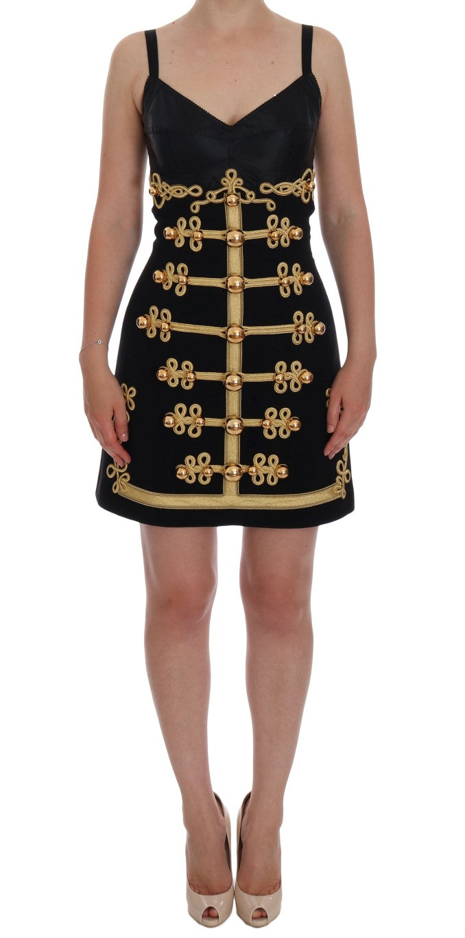 Dolce &amp; Gabbana Black Wool Stretch Gold A-Line Dress